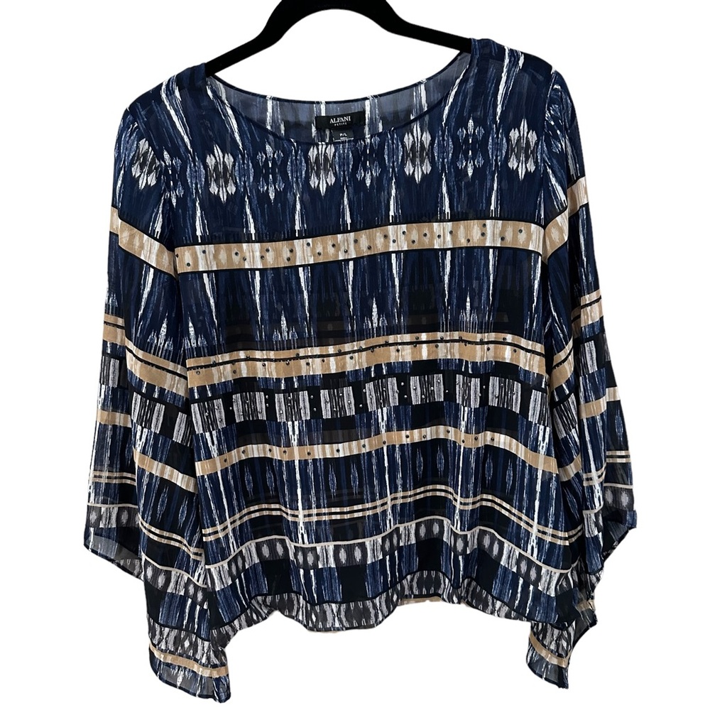 ALFANI Sheer Long Sleeve Top with Cami Navy & Beige Size Petite Large